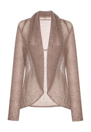 Lekki, otwarty kardigan w miękkim beżowym dziewiarskim splotem. Posiada długie rękawy, kołnierz szalowy oraz przezroczyste elementy po bokach. Teksturowane wykończenie.