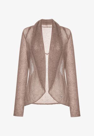Lekki, otwarty kardigan w miękkim beżowym dziewiarskim splotem. Posiada długie rękawy, kołnierz szalowy oraz przezroczyste elementy po bokach. Teksturowane wykończenie.