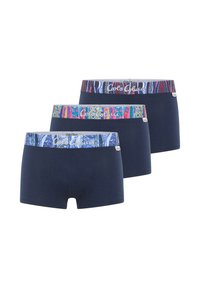 Three navy blue men's boxer briefs with colorful patterned waistbands in blue, red, and multi-color, each branded with "Café Colucci."