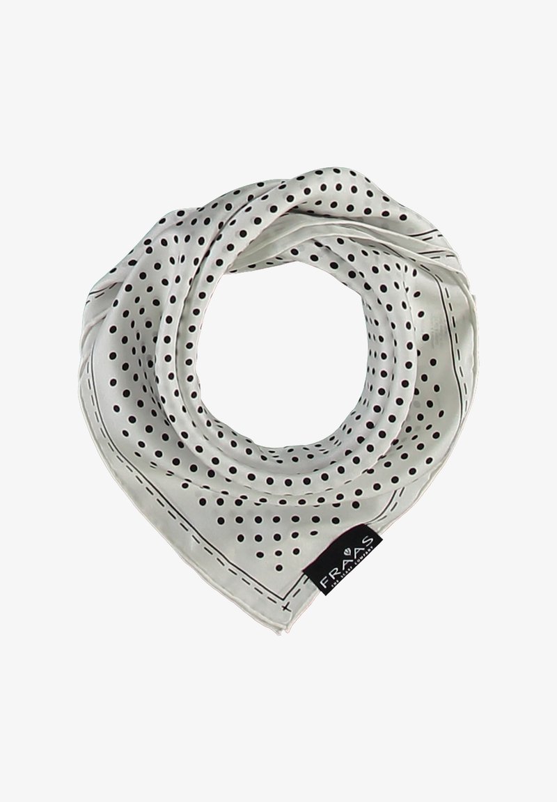 Carré blanc à pois noirs avec une bordure cousue, plié en forme triangulaire avec une étiquette de marque noire portant l'inscription « FRAYS ».