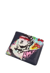Bi-fold wallet featuring smooth black leather with vibrant, abstract graffiti-style artwork depicting a classical sculpture.