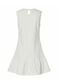 Īss bezpiedurkņu kleita gaismas krēmkrāsas kokvilnā, ar apaļu kakla izgriezumu, nelielu aizmugures izgriezumu un plandošu volānu apakšmalu.