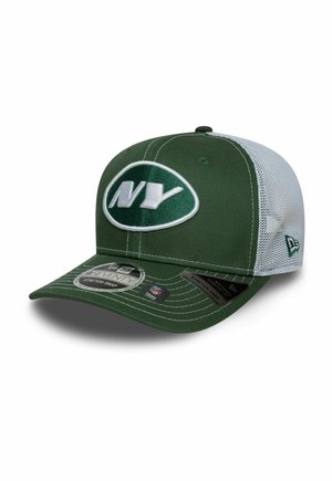 Green cap with white mesh side panels, featuring a raised "NY" logo on the front. Includes a curved bill and adjustable snapback closure.