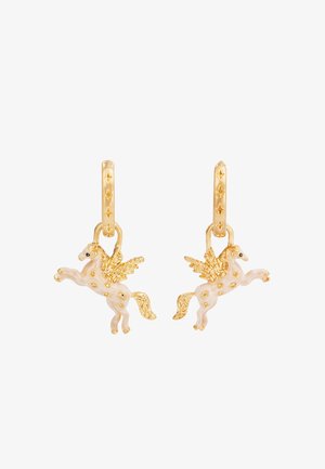 Gold-tone earrings featuring winged unicorns, with a glossy white enamel finish and star accents. Lever-back closure; playful design.