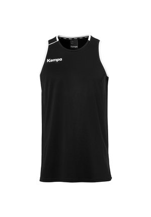 Zwarte mouwloze sporttanktop gemaakt van lichtgewicht stof, met witte accenten op de schouders en het 'Kempa' logo op de voorkant.