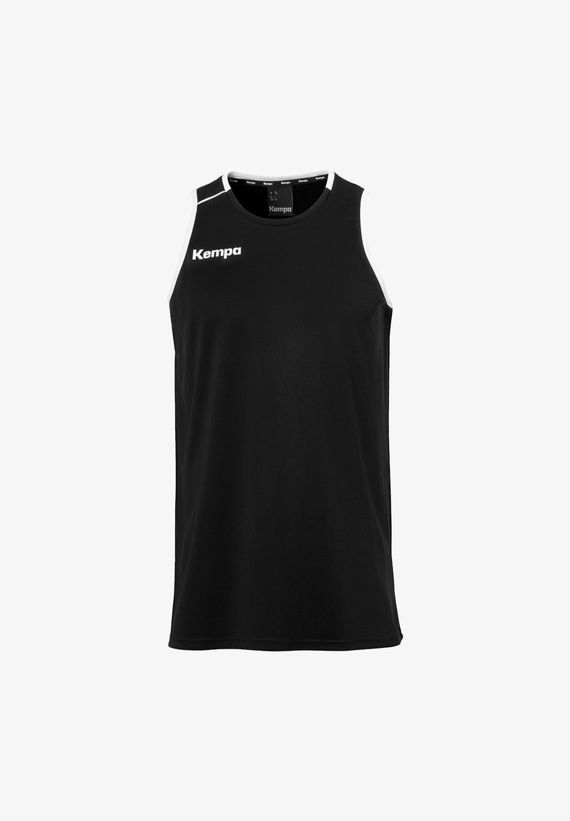 Canotta sportiva nera senza maniche realizzata in tessuto leggero, con accenti bianchi sulle spalle e logo 'Kempa' sul davanti.