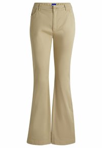 Beige flared pants made from lightweight fabric, featuring two front pockets, a zipper fly, and a waistband with belt loops.