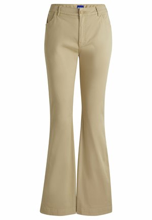 Pantaloni beige a gamba svasata realizzati in tessuto leggero, con due tasche frontali, una chiusura con zip e una cintura con passanti.
