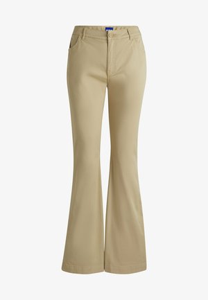 Pantalons évasés beige en tissu léger, dotés de deux poches avant, d'un zip et d'une taille avec passants de ceinture.