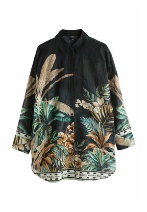 Juoda marškiniai su sagomis, puošta tropinių lapų ir gėlių raštais žaliais, smėlio ir kreminiais atspalviais, su apykakle ir ilgomis rankovėmis.