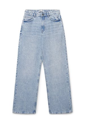 Jean large à taille haute bleu clair, doté de poches avant, de passants de ceinture, et d'un subtil motif moucheté blanc sur tout le tissu.