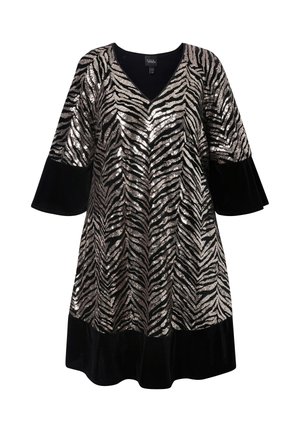 Schwarzes und silbernes, mit Pailletten besetztes Kleid im Zebramuster, mit V-Ausschnitt und Glockenärmeln, ausgestattet mit einem samtigen schwarzen Saum.