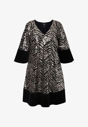 Zwart en zilveren pailletten jurk met een zebra-patroon, V-hals en klokmouwen, met een fluwelen zwarte zoom.