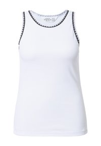Witte mouwloze tanktop met ribbelstructuur, uitgerust met een zwarte kantafwerking langs de halslijn en armsgaten. Eenvoudig, aansluitend ontwerp.