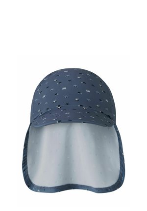 Blaues Kindercap mit kleinen weißen und schwarzen Autogrammen, ausgestattet mit einem breiten Nackenschutz für Sonnenschutz.