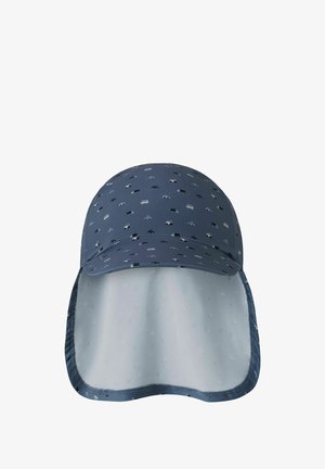 Blaues Kindercap mit kleinen weißen und schwarzen Autogrammen, ausgestattet mit einem breiten Nackenschutz für Sonnenschutz.