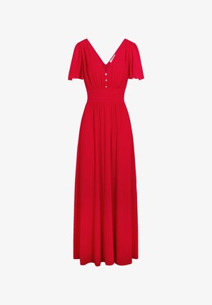 Rode maxi-jurk met korte mouwen, V-hals, drie knopen aan de voorkant, getailleerde taille en een vloeiende rok.