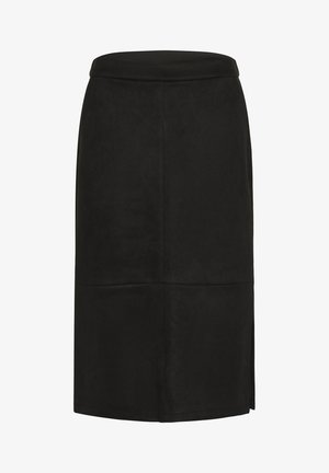 Gonna a tubino nera fino al ginocchio con vita alta e dettagli di cucitura sottili sulla parte anteriore.