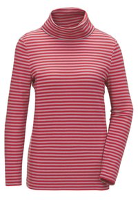 Gestreiften Rollkragenpullover in Rot und Grau mit langen Ärmeln; weicher Stoff, enganliegendes Design mit geripptem Muster und hohem Kragen.