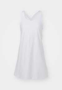 Λευκό αμάνικο φόρεμα με στρογγυλή λαιμόκοψη και διασταυρούμενες ράντες στην πλάτη. Φτιαγμένο από μαλακό ύφασμα, διαθέτει κοπή Α-line χωρίς σχέδια.