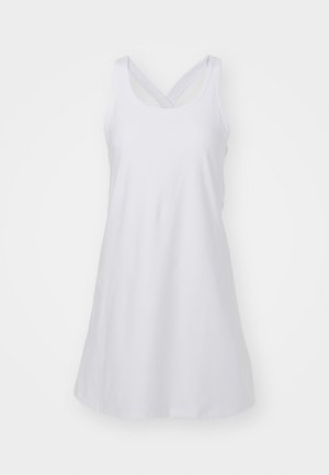 Weißes ärmelloses Kleid mit runder Halslinie und gekreuzten Rückenträgern. Hergestellt aus glattem Stoff, hat es eine A-Linie-Silhouette ohne Muster.