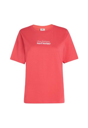 Koraalrood katoenen T-shirt met korte mouwen, voorzien van een witte geprinte logo dat "The Future Surf Society" op de borst zegt.