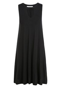 Abito nero senza maniche con scollatura tonda e apertura a chiave. Realizzato in tessuto morbido, presenta una silhouette svasata e una texture liscia.