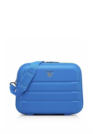 Hard-shell blue carry-on case with adjustable shoulder strap and Roncato brand logo on front.