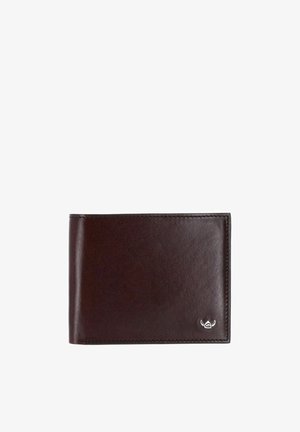 Dunkelbraune Leder-Bifold-Geldbörse mit einem kleinen silbernen Flügel-Emblem in der unteren rechten Ecke auf weißem Hintergrund.