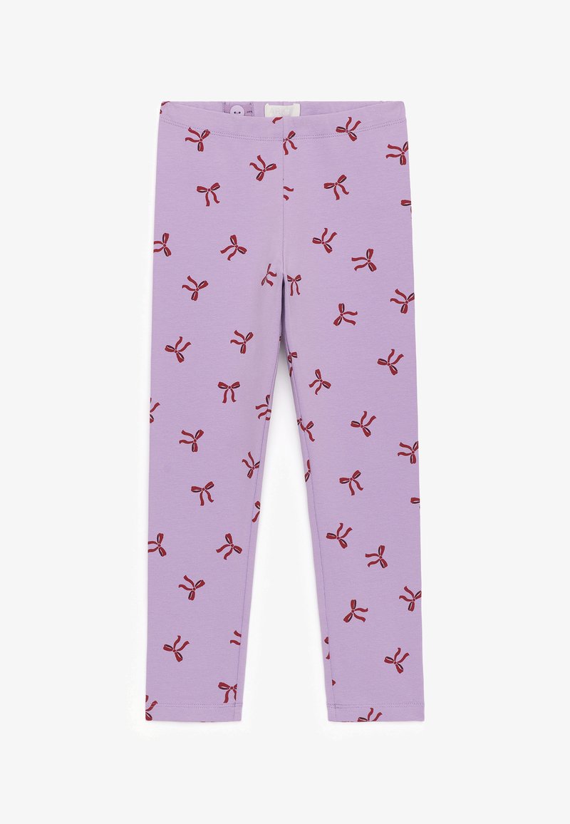 Leggings de couleur lilas avec un motif dispersé de petites illustrations de nœuds rouge foncé et une ceinture élastique.