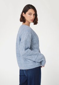 Hellblauer Strickpullover mit strukturiertem Muster, überschnittenen Schultern und geripptem Saum. Kombiniert mit dunkelblauen Jeans.