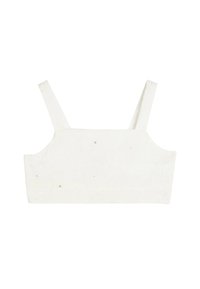 Top corto blanco tipo bralette con tirantes ajustables, que presenta bordados florales y un brillo sutil, textura suave y un escote cuadrado.