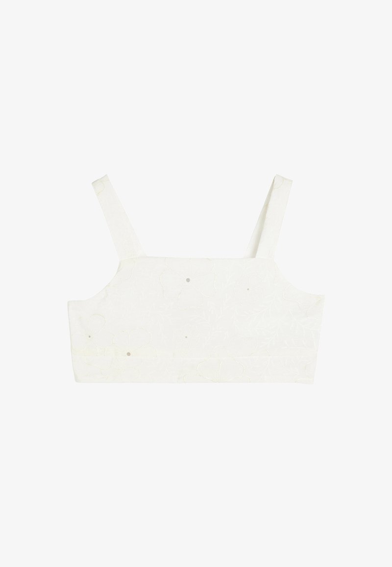 Weißes, kurzes Bralette mit verstellbaren Trägern, das florale Stickerei und subtilen Glanz aufweist, eine glatte Textur hat und einen quadratischen Halsausschnitt besitzt.