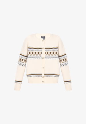 Cardigan crema con motivo geometrico in marrone, grigio e bianco sul petto e sulle maniche. Chiusura frontale con bottoni.