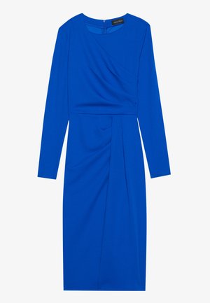 Blue long-sleeve dress with a fitted bodice and draped detail at front, featuring a knee-length hem and a concealed back zipper.