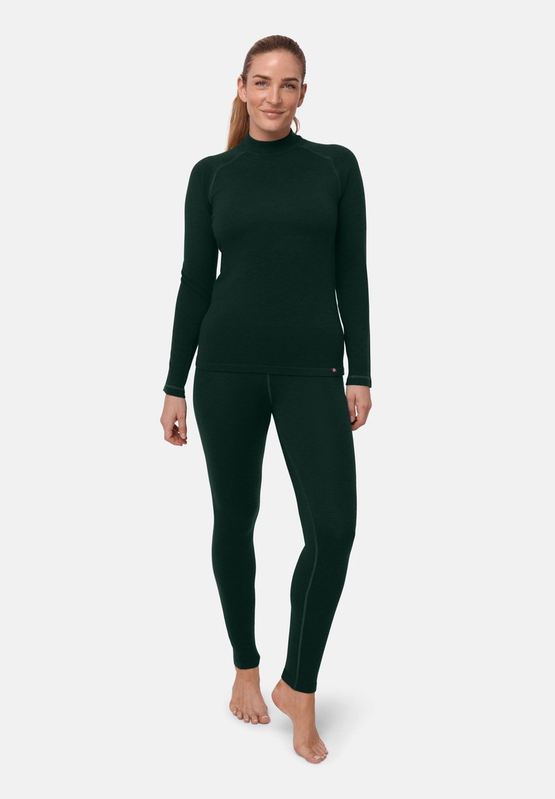 Dark green long-sleeve top and matching leggings, made of textured fabric with contrasting stitching details, fitted cut, and round neckline.