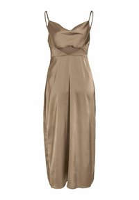 Beige satijnen midi-jurk met spaghettibandjes, een kruislingse lijfje en een vloeiende silhouette met zijsplitten. Gladde textuur.