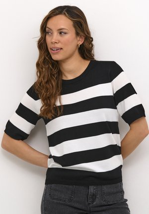 Pull en tricot à rayures noir et blanc avec des manches courtes et un col rond. Présente un ourlet ajusté et une texture lisse.