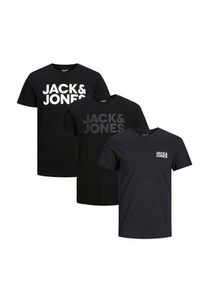 Three black short-sleeve t-shirts with "JACK & JONES" logo in large white, dark gray, and small white print on front.