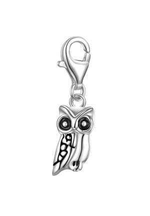 Encanto de búho plateado con ojos grandes, plumas detalladas y un cierre. Textura suave, acabado pulido con ligeros acentos negros en los ojos y el cuerpo.