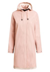 Light pink raincoat with a hood, made of smooth, waterproof material. Features adjustable drawstrings and snap buttons at the sleeves.