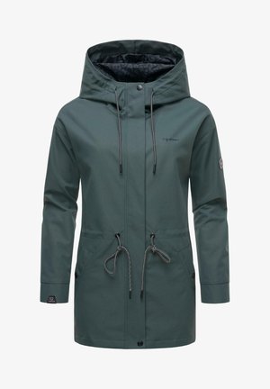 Zöld kapucnis dzseki húzózsinórral, cipzárral, két oldalsó zsebbel és fekete részletekkel, sima, vízálló anyagból készült.