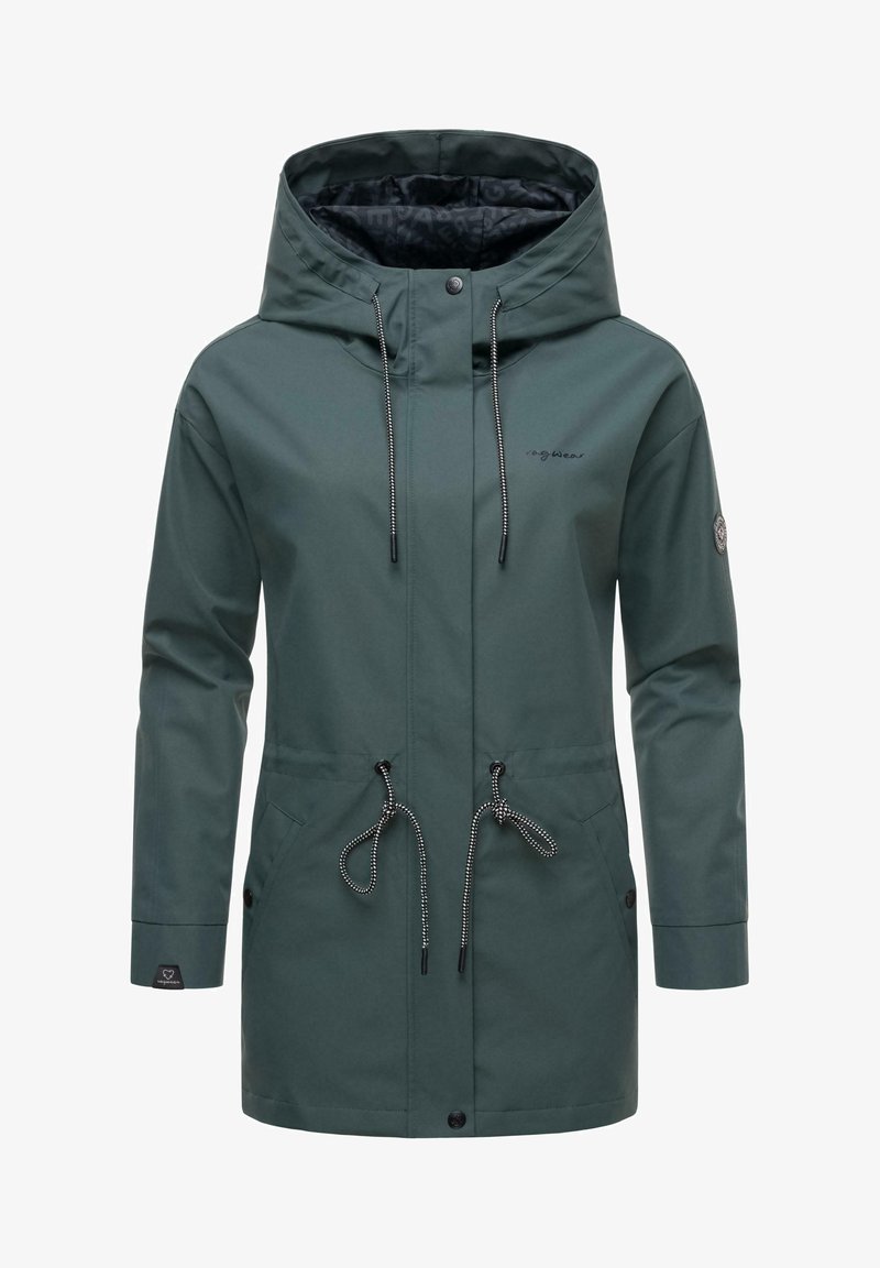 Zelená bunda s kapucňou a šnúrkami na stiahnutie, na zips, dvoma bočnými vreckami a čiernymi akcentmi, vyrobená z hladkého, vodeodolného materiálu.