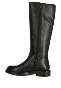 Czarny skórzany botki do kolan z bocznym zamkiem błyskawicznym, zaokrąglonym noskiem i niskim, solidnym obcasem. Gładka faktura z prostymi detalami szycia.