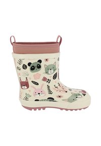 Bottes de pluie en caoutchouc avec une base crème, ornées de motifs animaliers colorés incluant un panda, un lapin et un renard. Accents roses sur le haut.