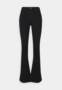 Jean flare noir en denim, avec taille haute, devant plat et bouton en métal contrastant. Texture lisse sans motifs visibles.