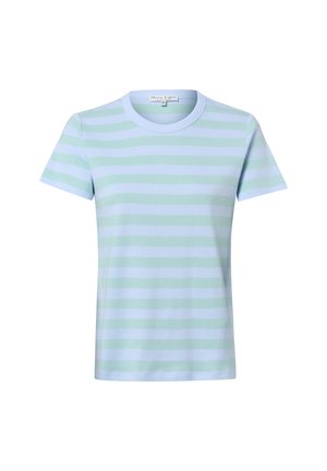 T-Shirt mit kurzen Ärmeln und Rundhalsausschnitt, horizontal gestreift in Hellblau und Minzgrün, auf weißem Hintergrund dargestellt.