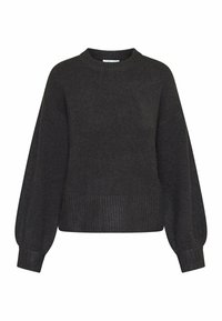 Mørkegrå sweater med rund halsudskæring, ribbet kant og ballonærmer, lavet af blødt tekstureret materiale. Enkel design uden mønstre.