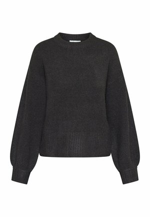 Mørkegrå sweater med rund halsudskæring, ribbet kant og ballonærmer, lavet af blødt tekstureret materiale. Enkel design uden mønstre.