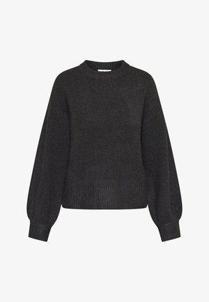 Mørkegrå sweater med rund halsudskæring, ribbet kant og ballonærmer, lavet af blødt tekstureret materiale. Enkel design uden mønstre.